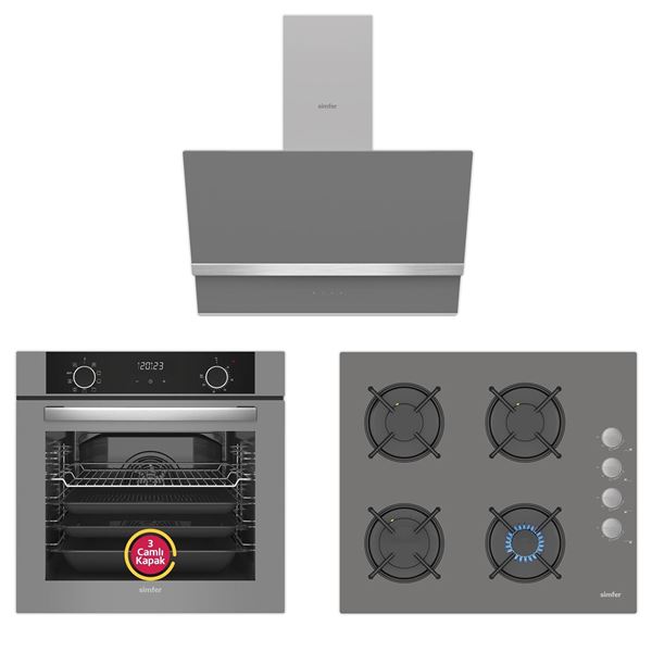resm Simfer 10 Fonksiyon Airfry Gri Ankastre Set (8217 Fırın + 3538 Ocak + 8740 Davlumbaz)