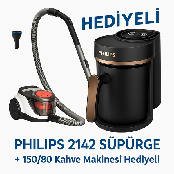 Philips 2142 süpürge ve orijinal Philips 150/60 kahve makinesi yan yana sunuluyor