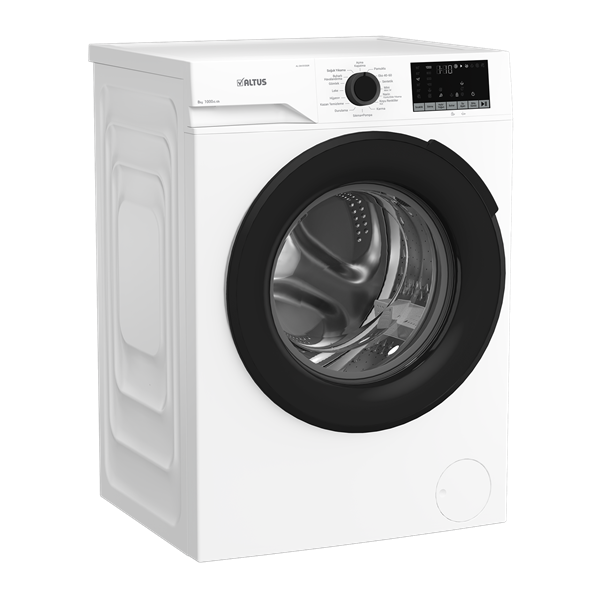 Altus AL CM 81050 R çamaşır makinesi – 8 kg kapasite, enerji sınıfı A, yan görünüm beyaz tasarım