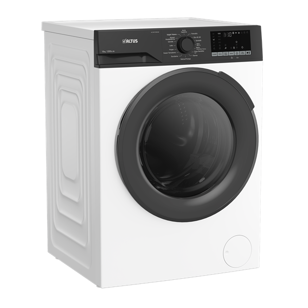 Altus AL CM 101254 çamaşır makinesi – 10 kg kapasite, enerji sınıfı D, yan görünüm beyaz tasarım